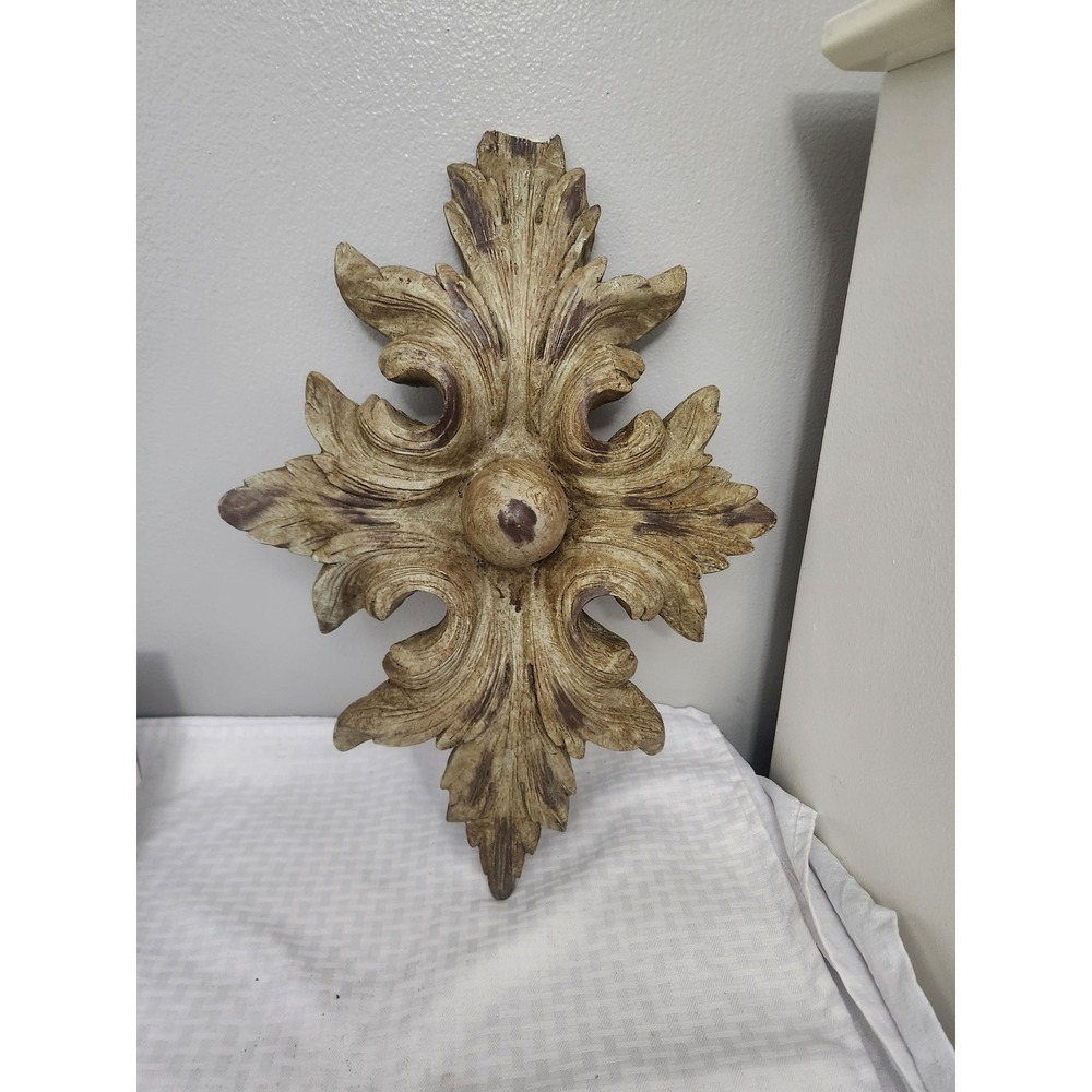 Vintage Ornate Acanthus Leaf Wall Plaque Architectural Scroll Decor Beige Brown